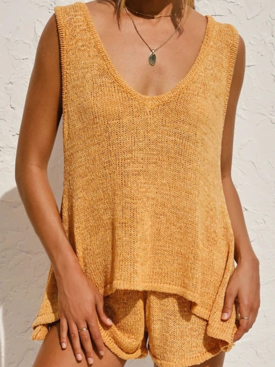 V-Neck Sleeveless Top and Drawstring Shorts Sweater Set.