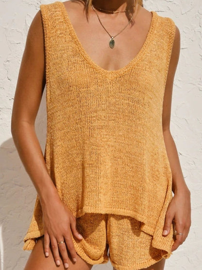 V-Neck Sleeveless Top and Drawstring Shorts Sweater Set.