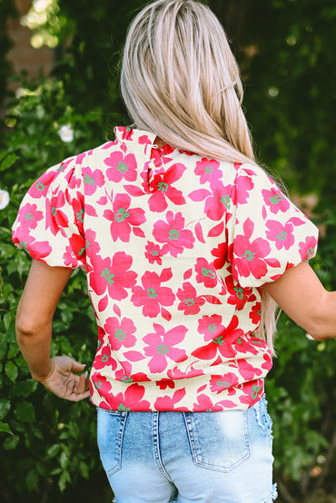 Beige floral puff sleeve blouse with elegant frilled neckline