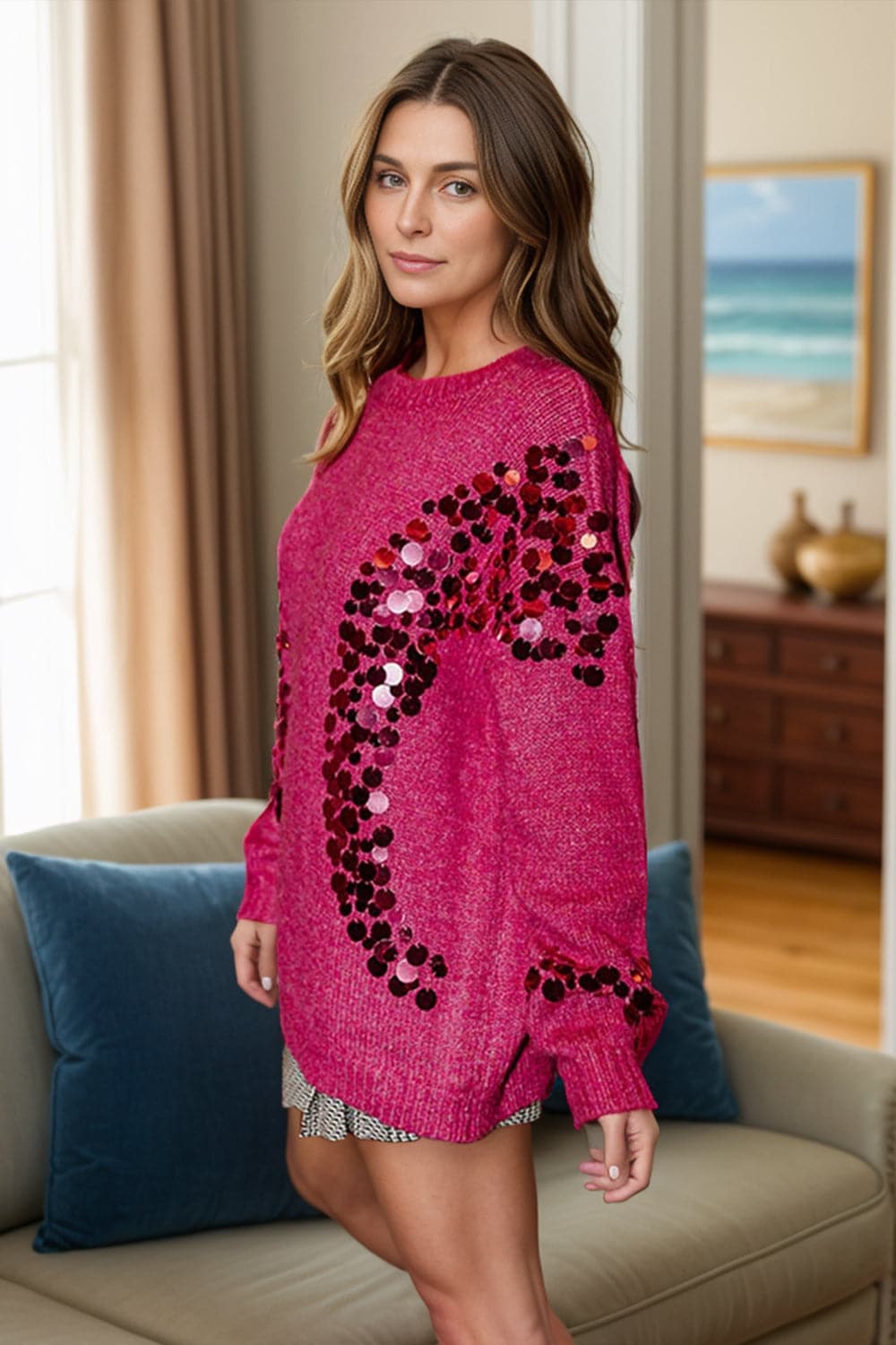 Sparkling sequin long sleeve sweater with round neckline