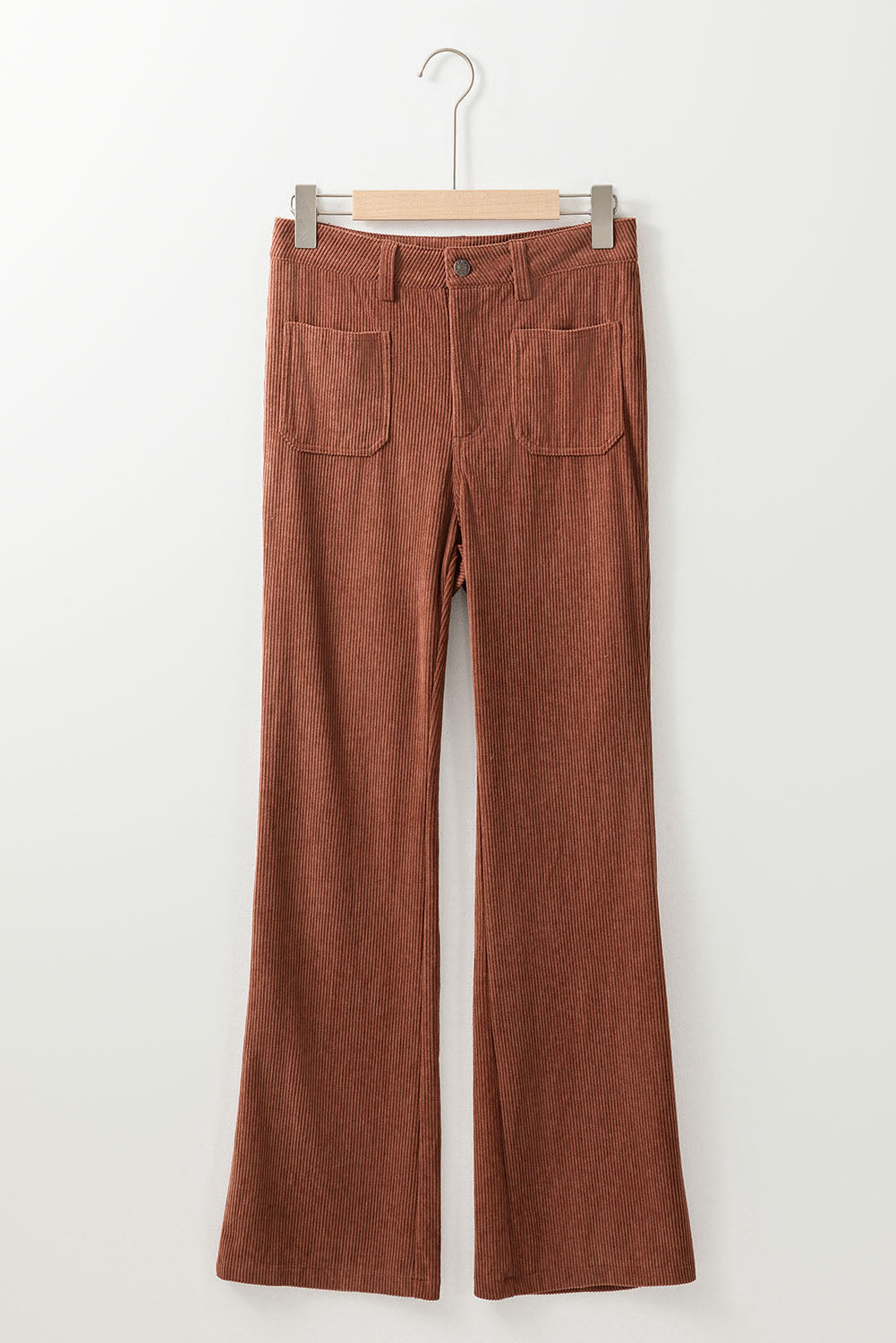 Chic brown high-waisted corduroy pants with stylish square pockets