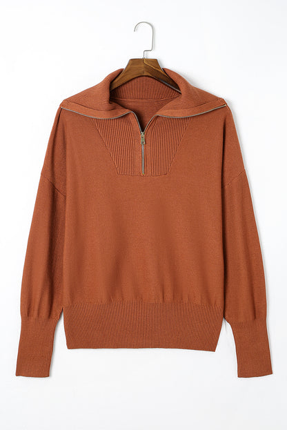 Chic brown zip collar sweater with ribbed trim for plus sizes