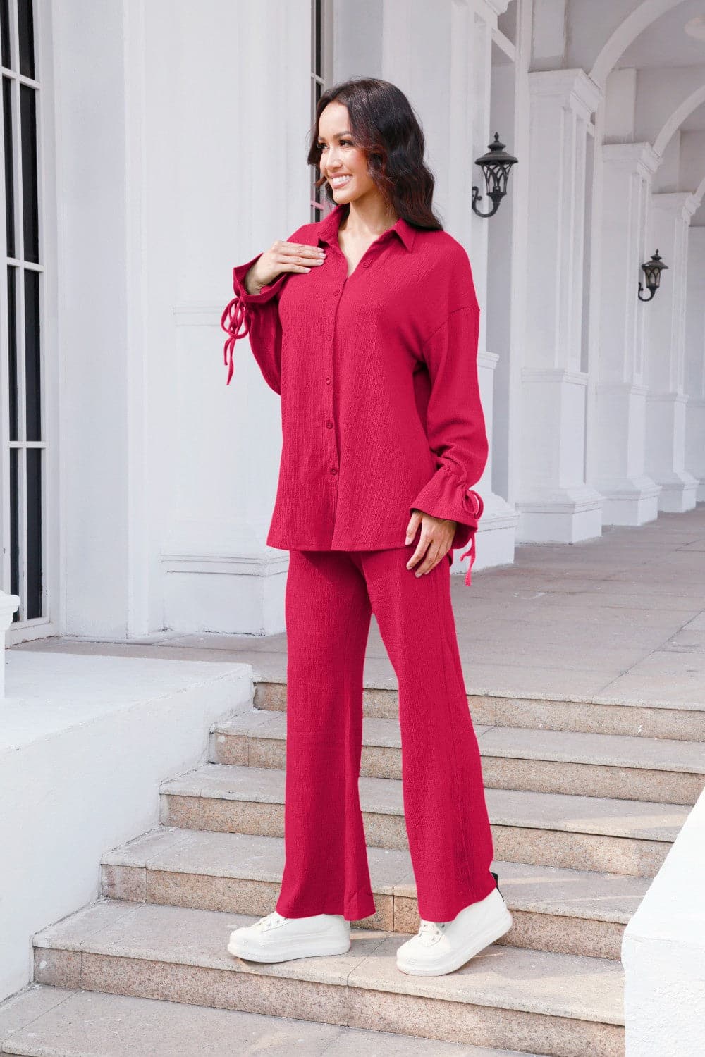 Drawstring Flounce Sleeve Shirt and Pants Set.