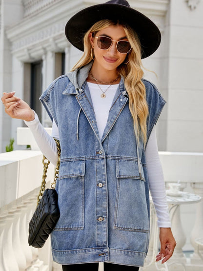 Hooded Sleeveless Denim Top with Pockets.