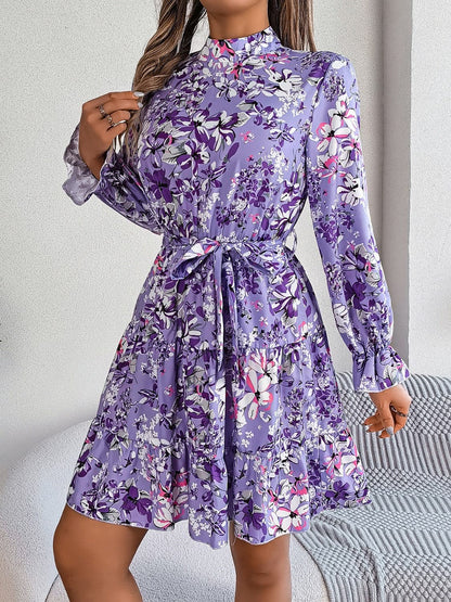 Printed Mock Neck Flounce Sleeve Mini Dress.