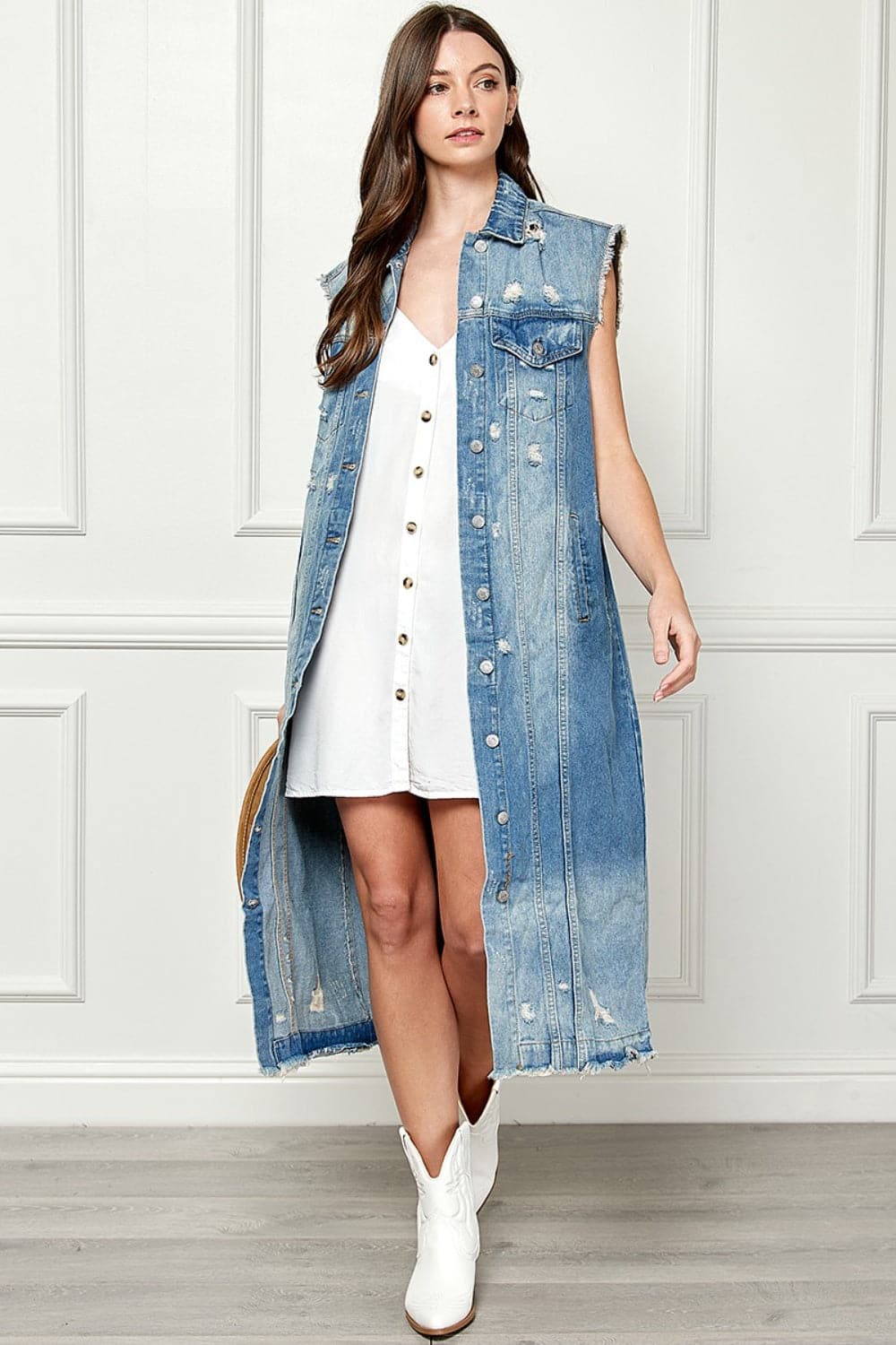 Veveret Full Size Distressed Sleeveless Longline Denim Jacket.