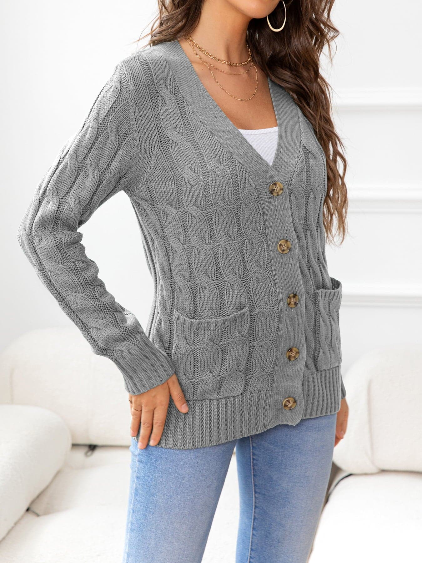 Button Down Cable-Knit Cardigan.