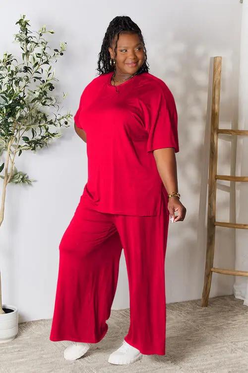Double Take Full Size Round Neck Slit Top and Pants Set - Love Salve