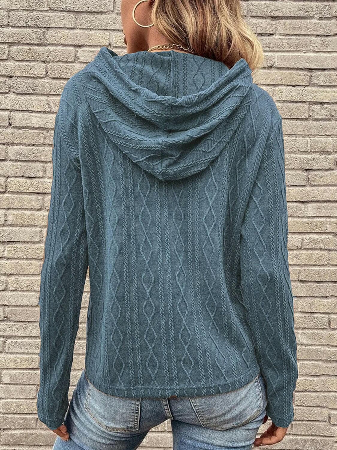 Cable-Knit Drawstring Hooded Knit Top.