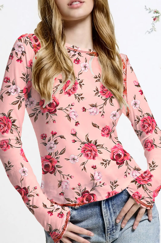 Pink Floral Print Mesh Long Sleeve Top With Exposed Seam Detail Dear-Lover Dropshipping