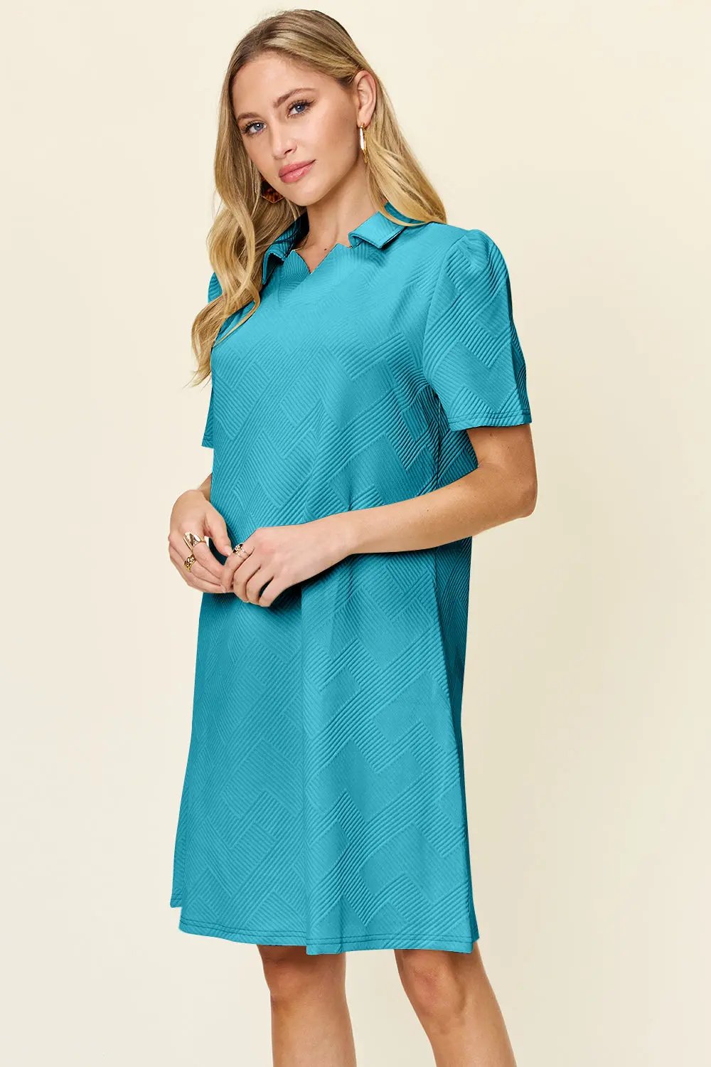 Double Take Full Size Texture Collared Neck Short Sleeve Dress - Love Salve