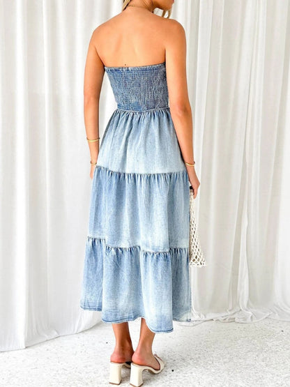 Slit Smocked Tube Tiered Denim Dress.