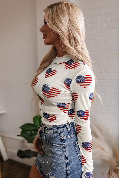 White Americana Glitter Mesh Long Sleeve Bodysuit for Women