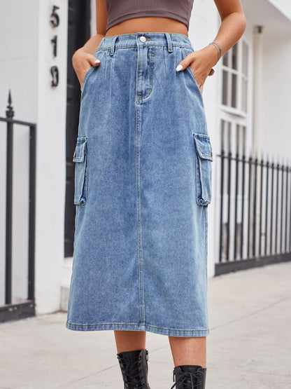 Slit Buttoned Denim Skirt with Pockets.