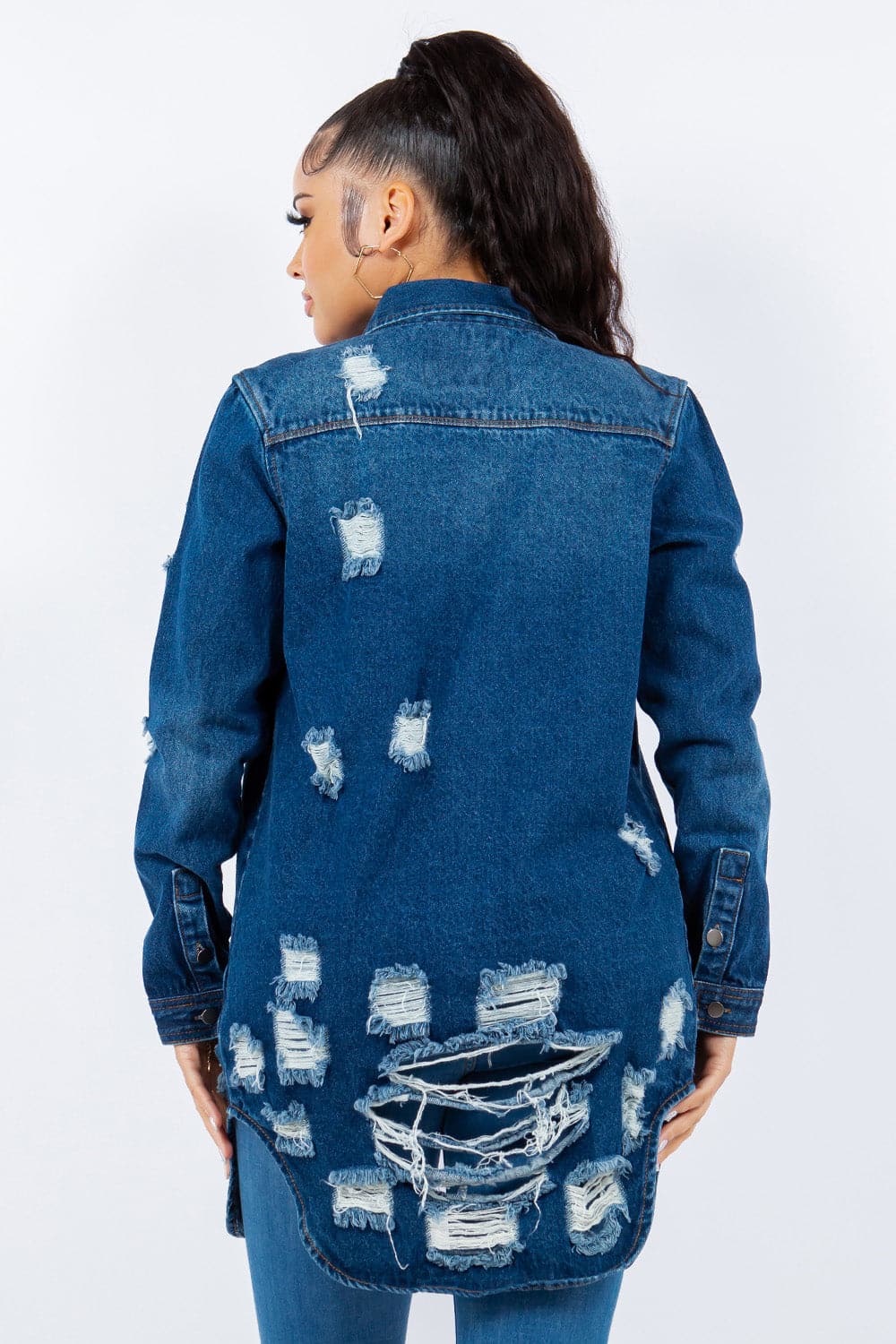 Distressed denim jacket with button-up front and long sleeves