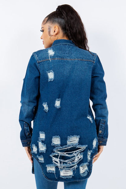 Distressed denim jacket - button-up, long sleeve