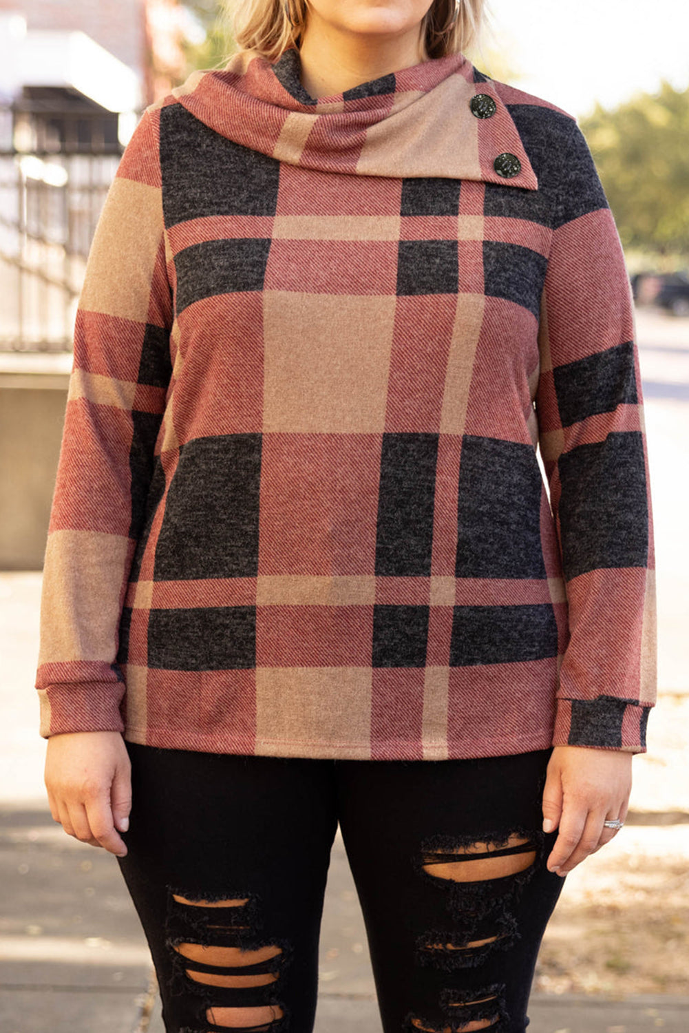 Mineral red plus size plaid top with asymmetric neckline and button details