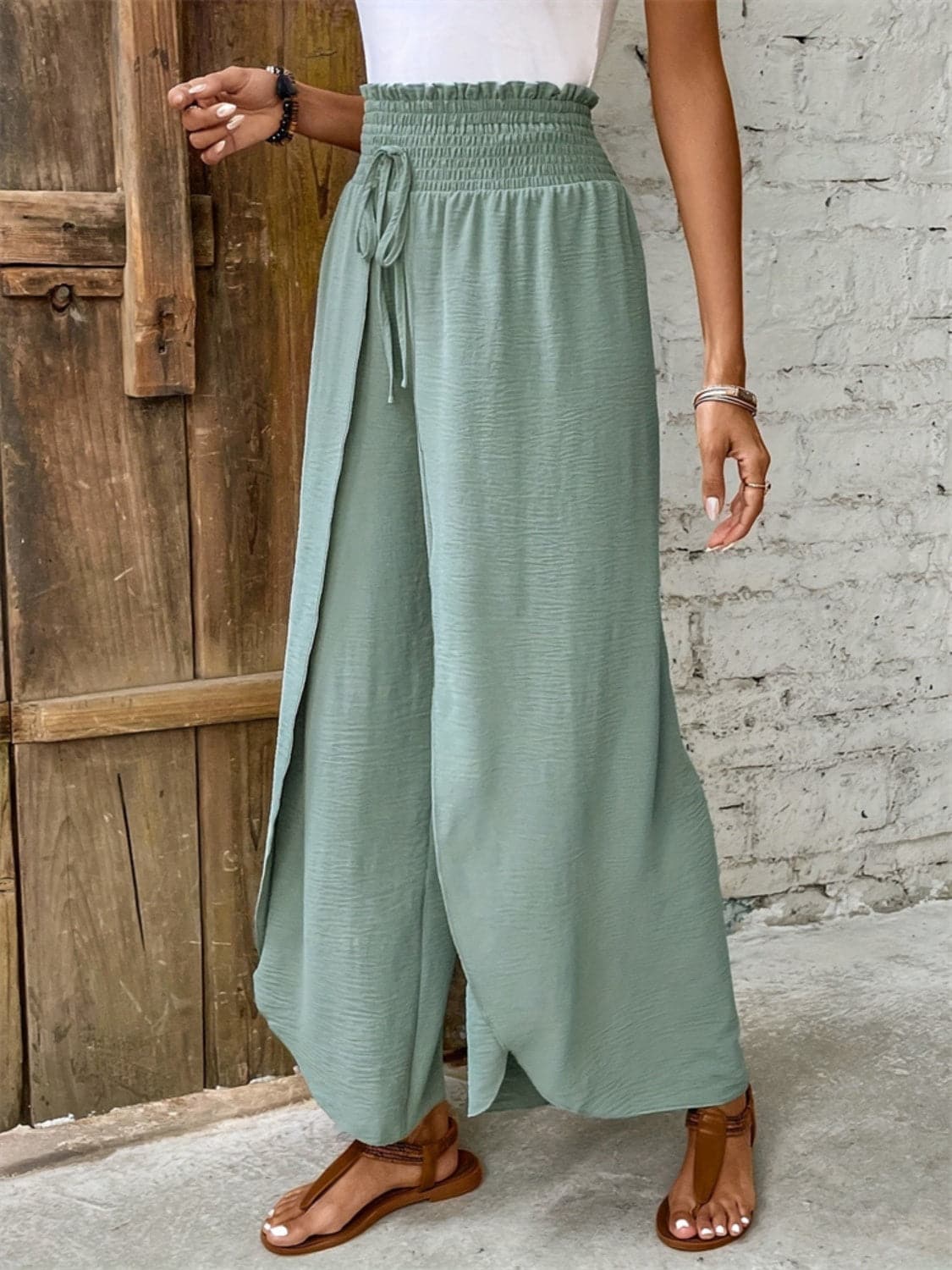 Tied high-waisted wide-leg trousers