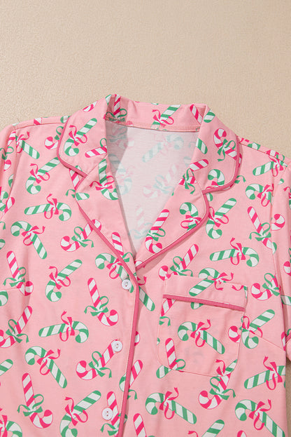 Festive pink candy cane print knotted pajama set with pockets