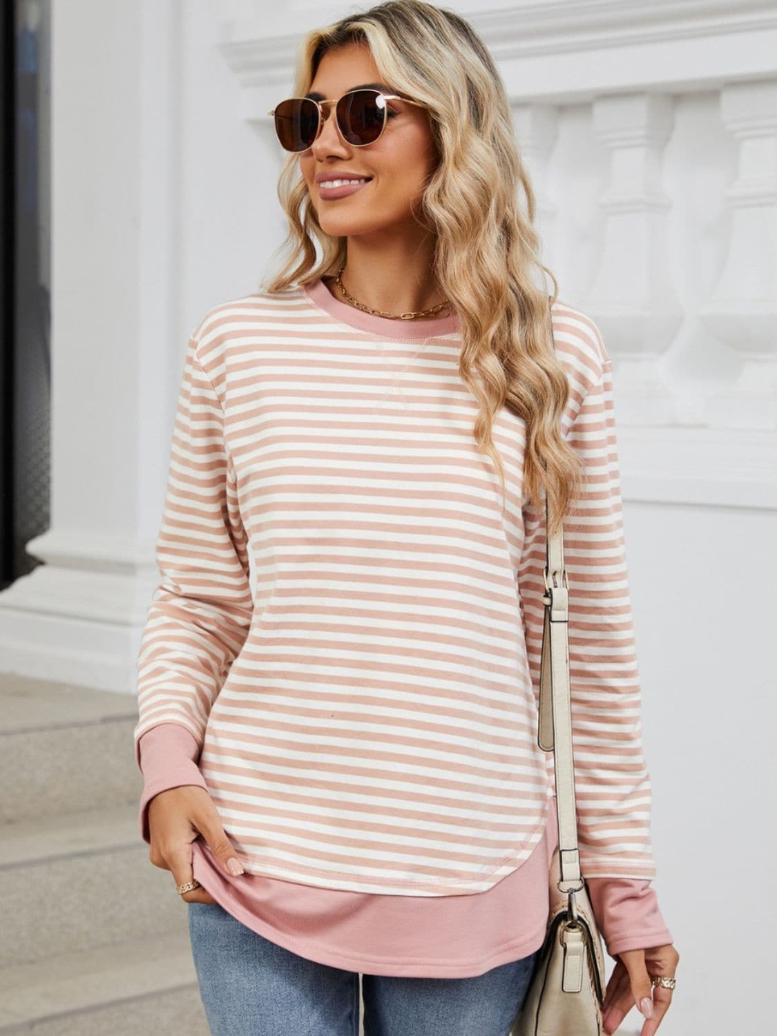 Striped Round Neck Long Sleeve Sweatshirt.