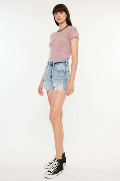 Kancan Distressed High Waist Denim Shorts with Pockets.