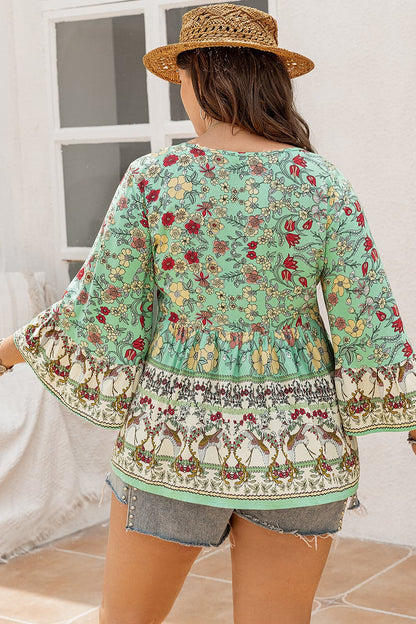 Plus Size Floral Tassel Tie Blouse.