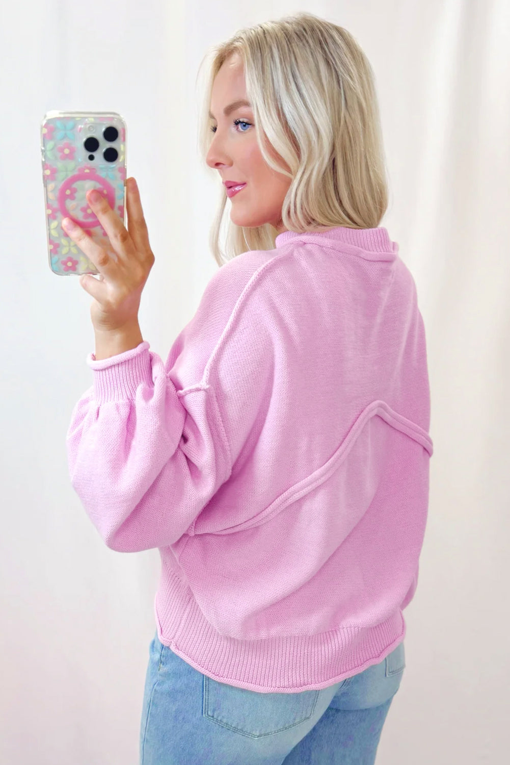 Cozy Pink Drop Shoulder Sweater with Raw Edge and Ribbed Details