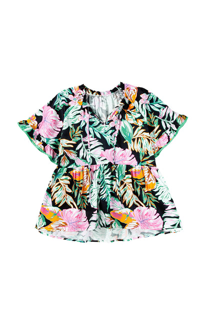 Elegant black tropical print blouse with ruffled sleeves and flowy design