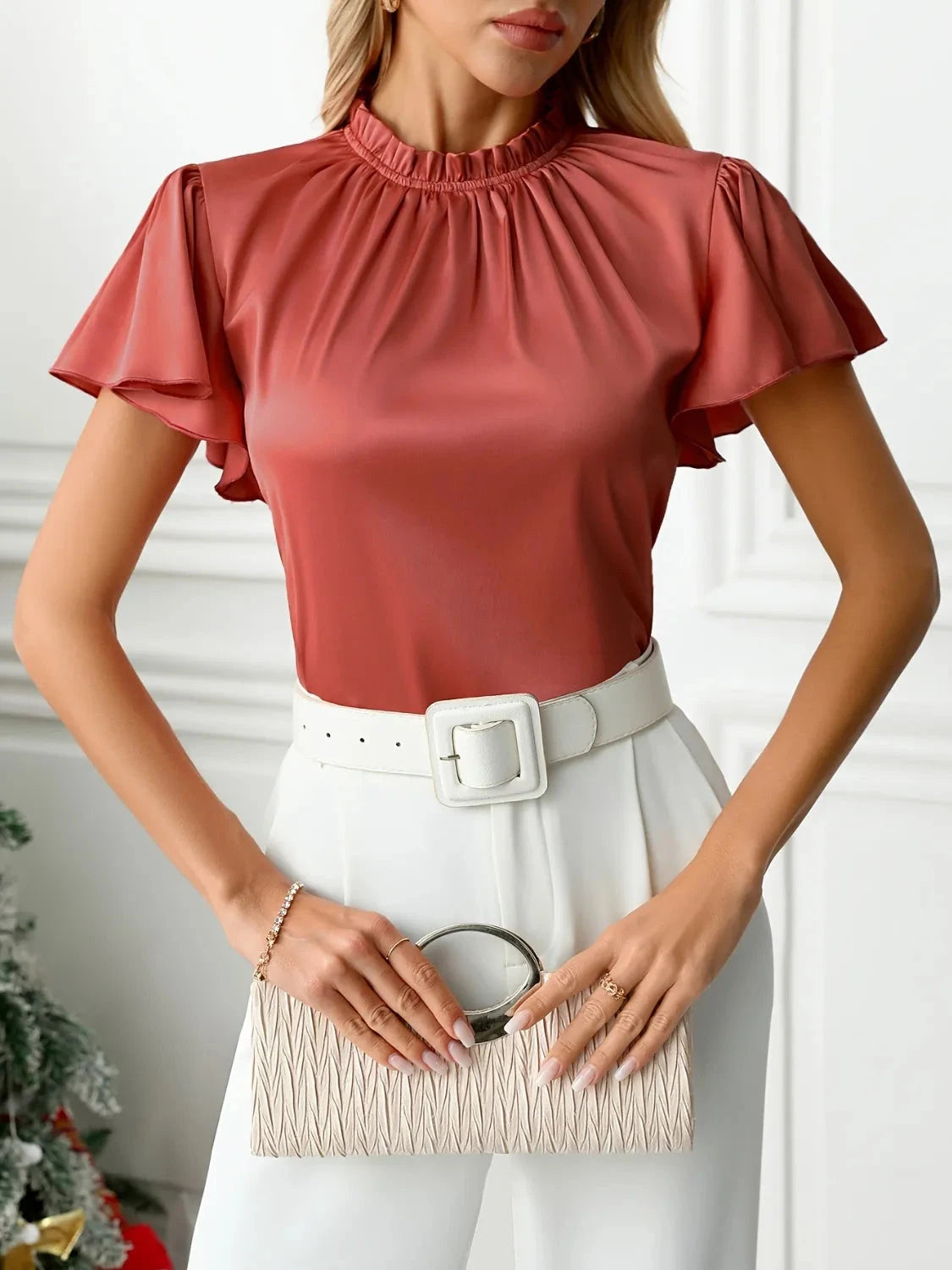 The Coral Crush Satin Flutter Blouse Coco’s Tee Boutique