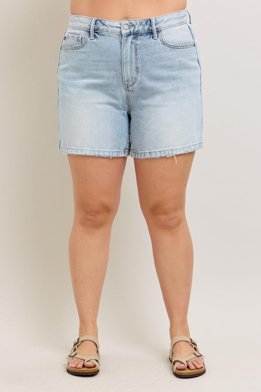 Judy Blue Full Size Frayed Hem High Rise Denim Shorts with Pockets Plus Size Coco’s Tee Boutique