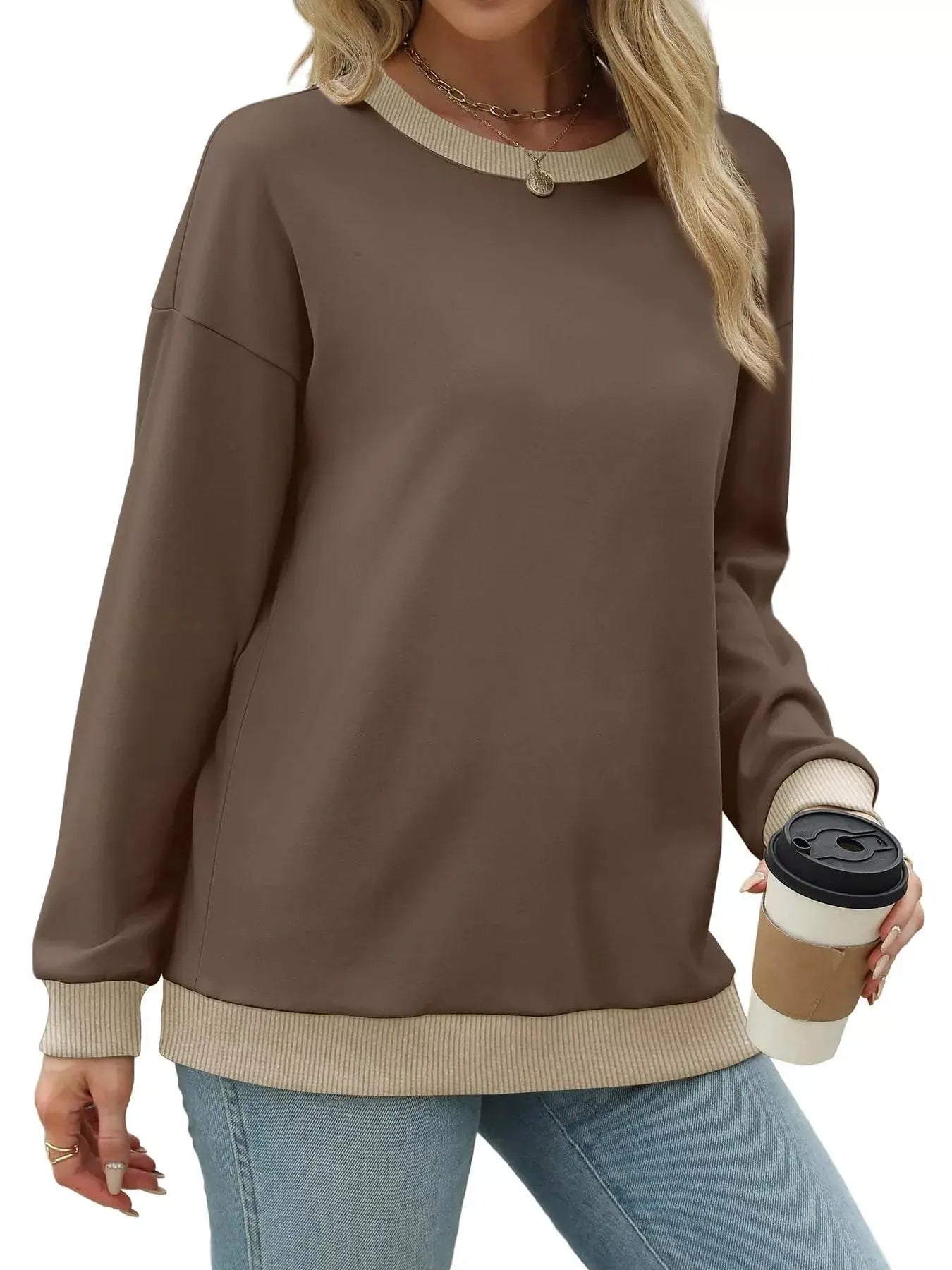 Contrast Trim Crew Neck Casual Sweatshirt Simply Love