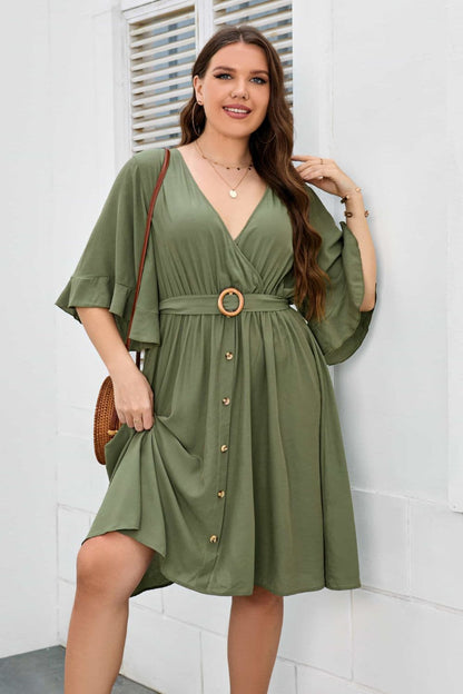 Plus Size Surplice Neck Half Sleeve Dress.