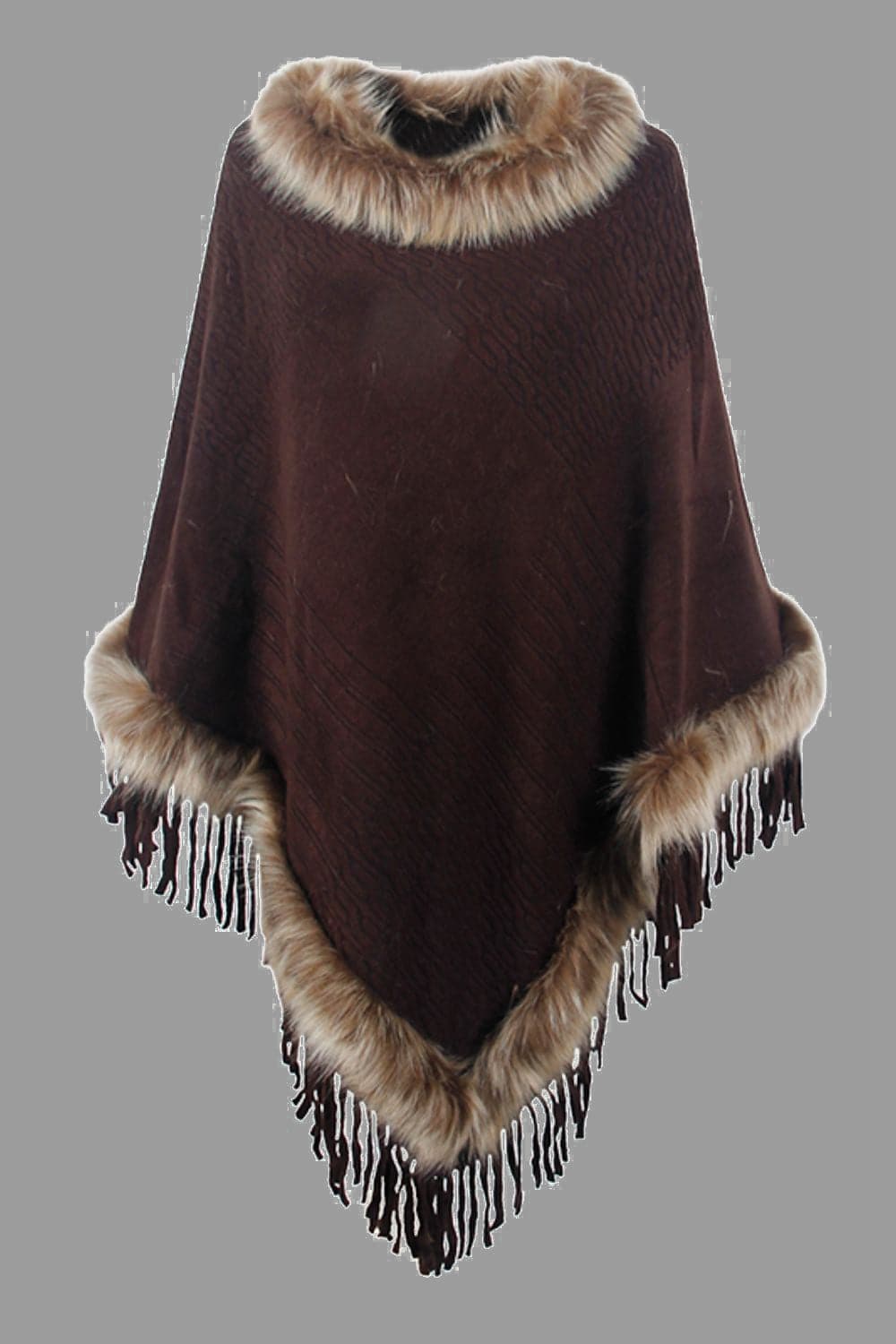 Faux Fur Trim Fringed Poncho.