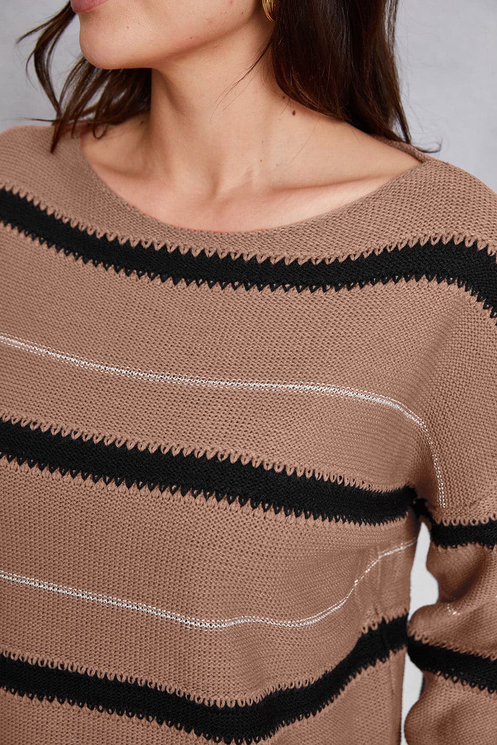 Striped Round Neck Dropped Shoulder Sweater.