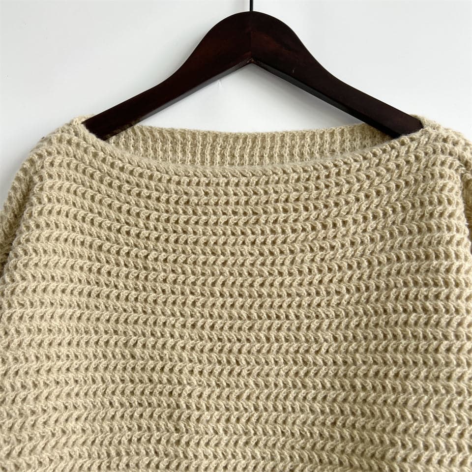 Openwork Boat Neck Long Sleeve Sweater.