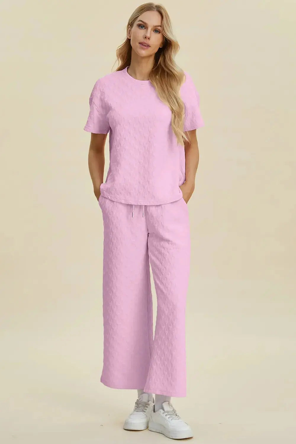 Double Take Full Size Texture Round Neck Short Sleeve Top and Pants Set - Love Salve