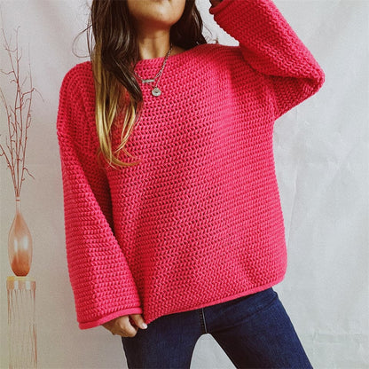 Openwork Boat Neck Long Sleeve Sweater.