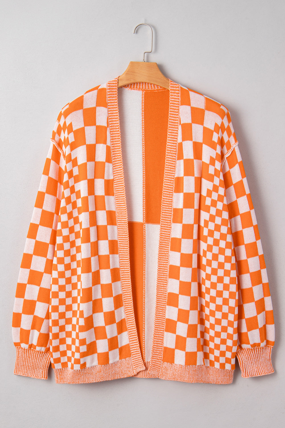 Orange Checkered Bubble Sleeve Drop Shoulder Open Cardigan Dear-Lover Dropshipping