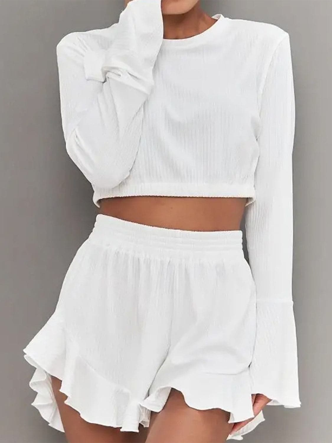 Round Neck Long Sleeve Top and Ruffled Shorts Set.