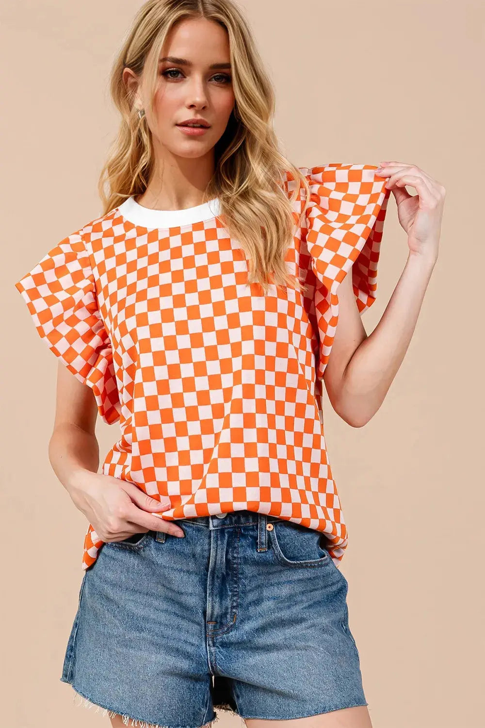 Oh Checkered Round Neck Puff Sleeve Blouse - Love Salve
