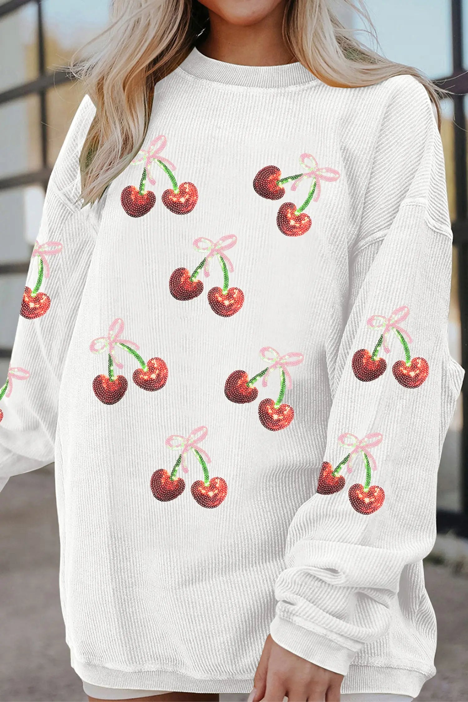 White Corded Ribbed Sequin Cherry Bow Patched Drop Shoulder Sweatshirt Dear-Lover Dropshipping