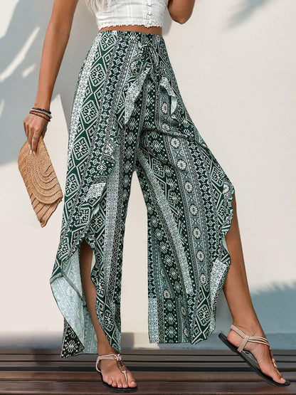 Slit Ruffled Geometric Wide Leg Pants.