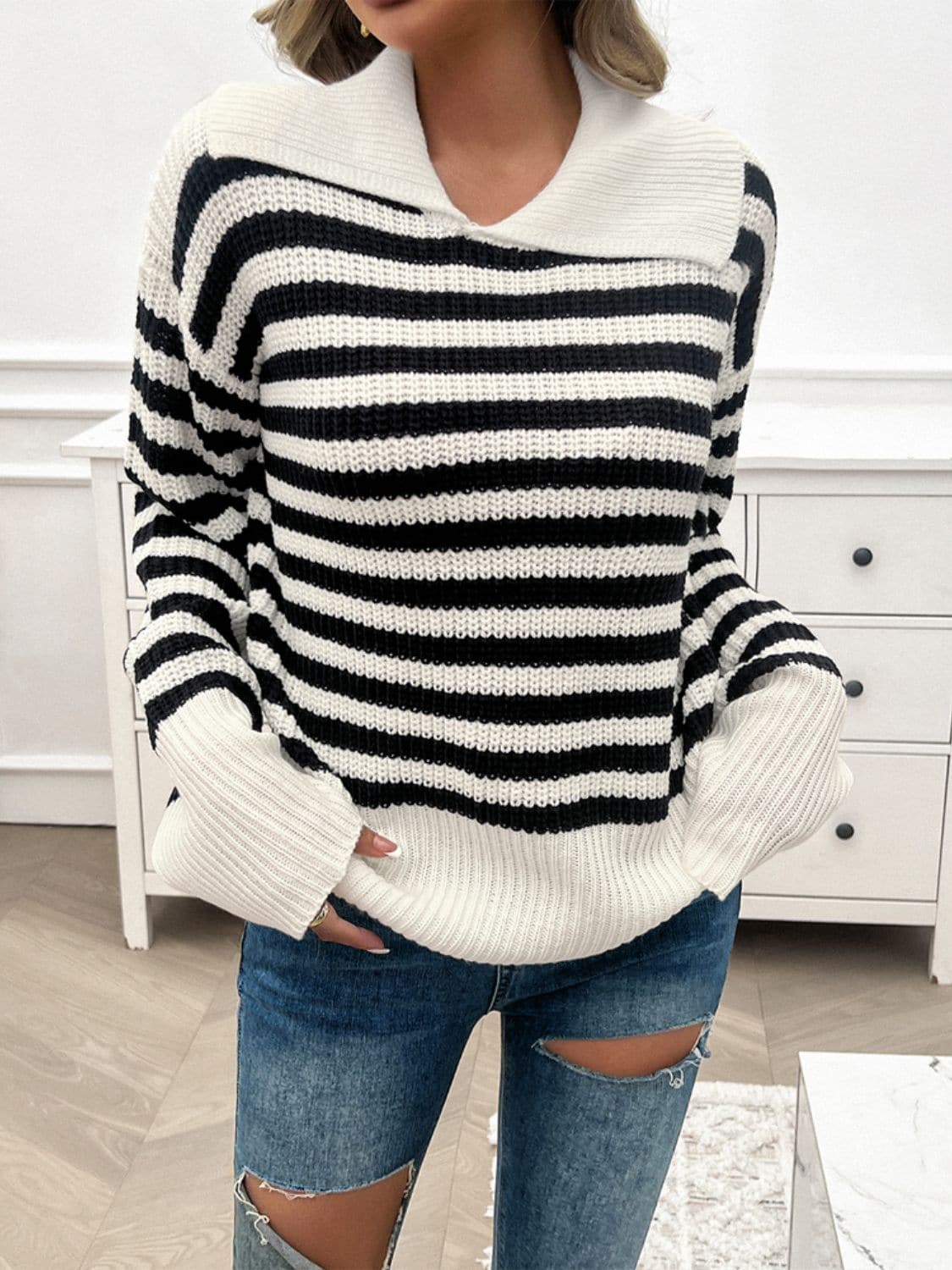 Striped Collared Neck Long Sleeve Sweater.