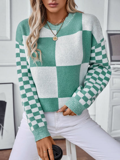 Color Block Round Neck Long Sleeve Sweater