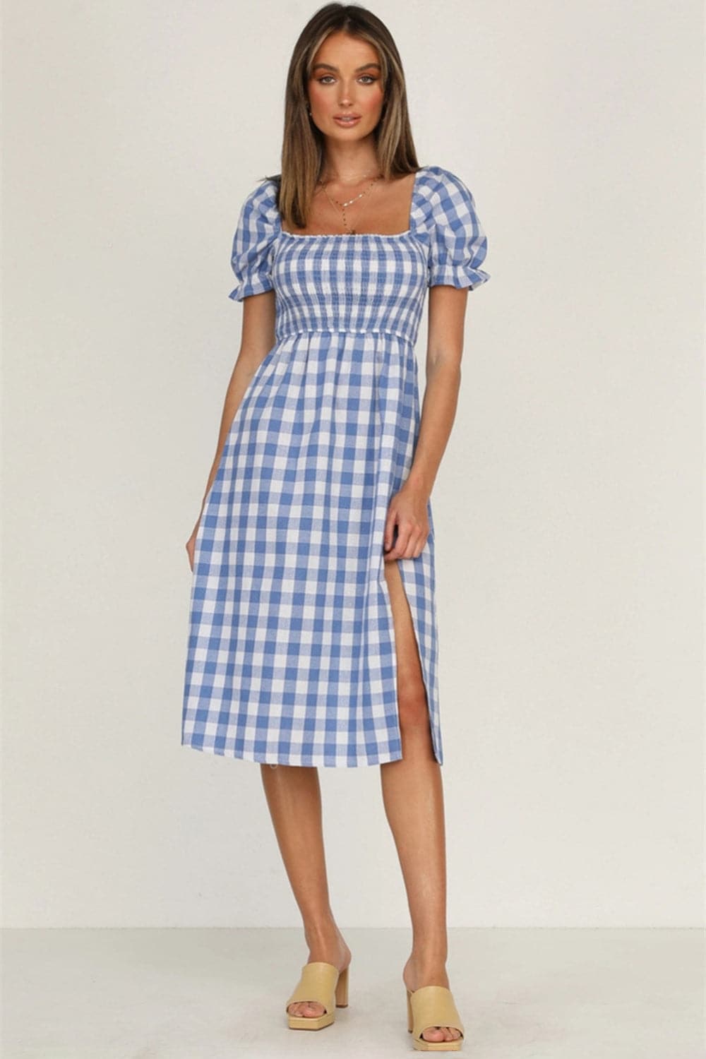 Full Size Slit Plaid Short Sleeve Midi Dress.