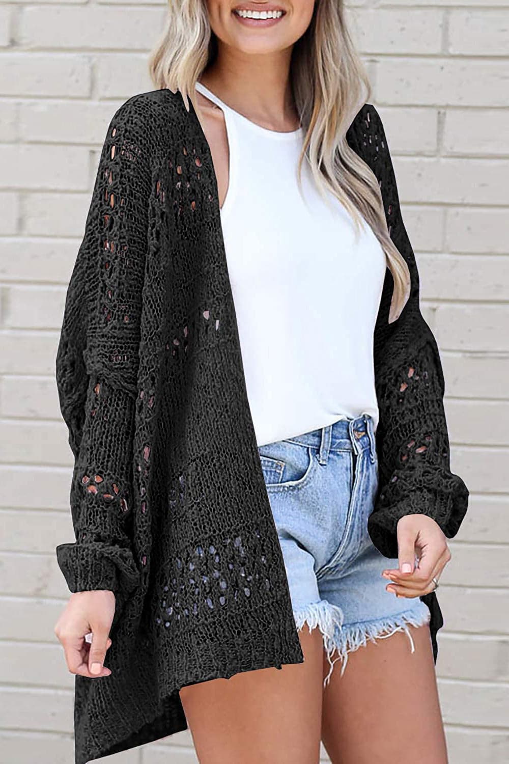 Openwork Open Front Long Sleeve Cardigan.