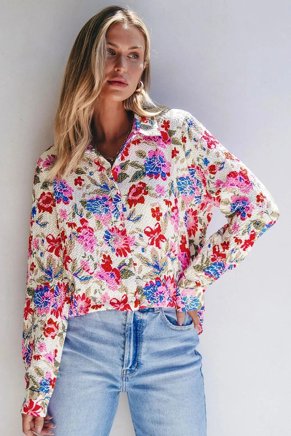 Floral print collared long sleeve blouse