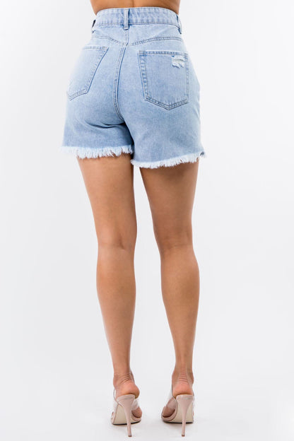 American Bazi High Waist Distressed Raw Hem Denim Shorts.