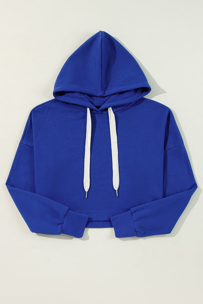 Chic dark blue cropped hoodie with drawstring hood and drop shoulder design