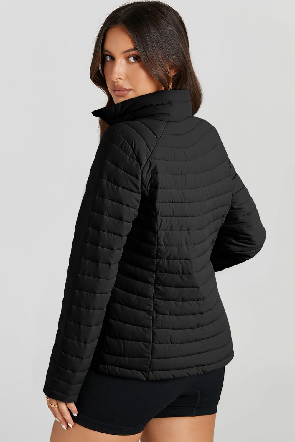 Black Solid Color Quilted Zip-up Puffer Jacket - Love Salve 